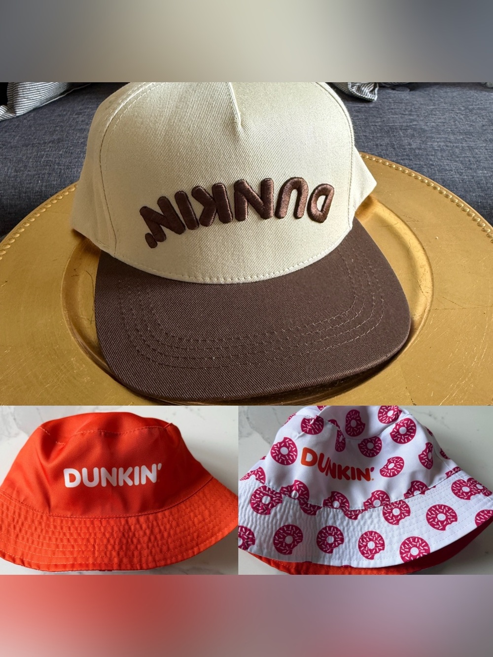 RARE Dunkin Donuts Reversible Bucket Hat and upside down SnapBack hat ONE SIZE